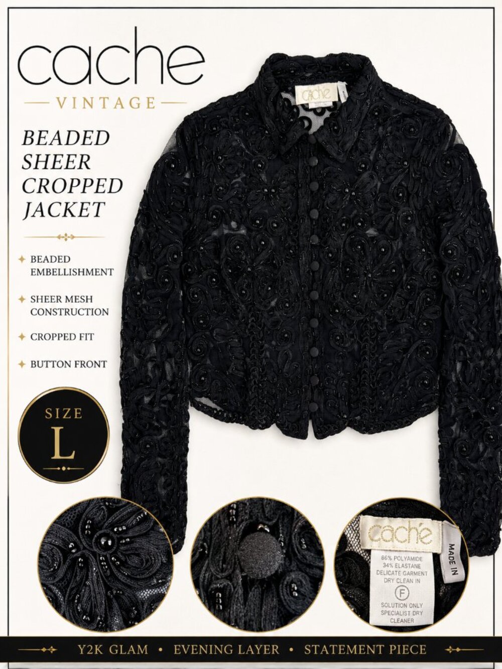 Cache Black Beaded Sheer Cropped Jacket